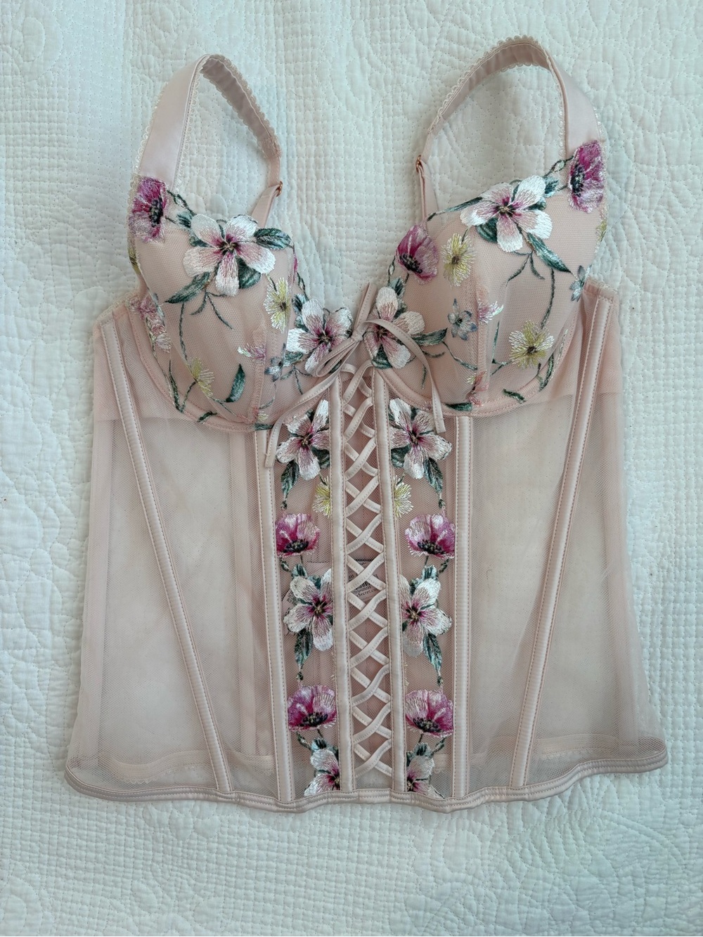 NWT Victorias Secret Dream Angels Pink Floral Lace Corset Top
